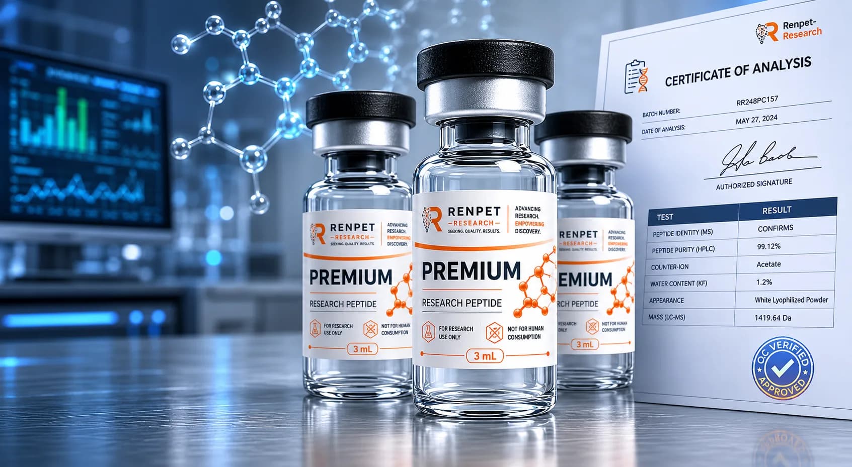 Renpet Research peptide vials beside a certificate of analysis — HPLC purity reported per batch, in-vitro research use only